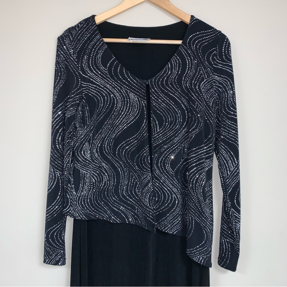 Black Silver Glitter Formal Gown Woman’s 6 Long Sleeve Dress Mother Bride Party - Picture 3 of 9